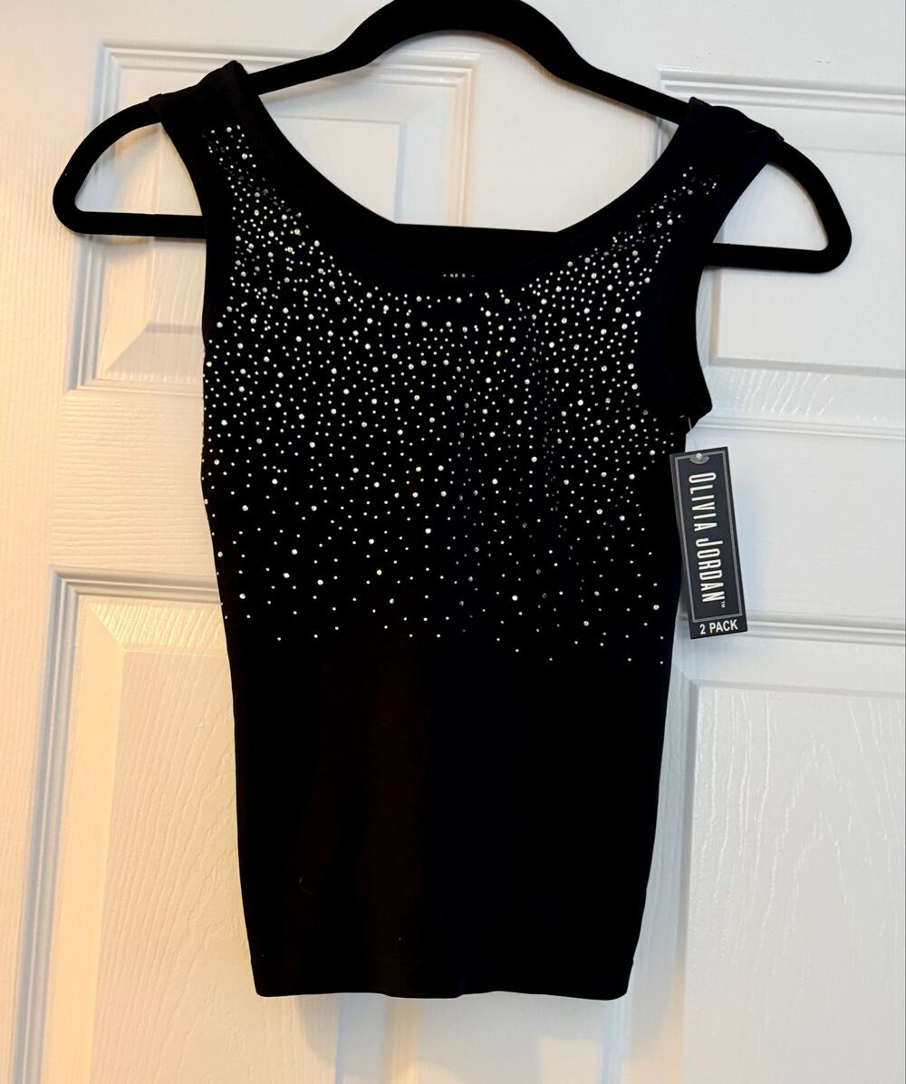 NWT Olivia Jordan Black Rhinestone Tank Top Sleeveless Stretch S/M Sparkle